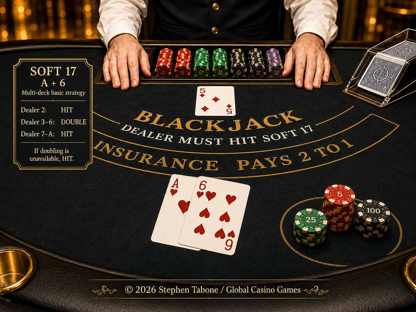 Ace and six forming soft 17 beside a blackjack dealer’s upcard and strategy table.