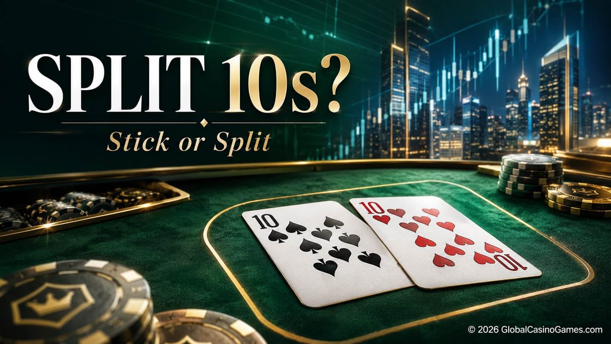 Pair of 10s on a blackjack table with finance-style market graphics.