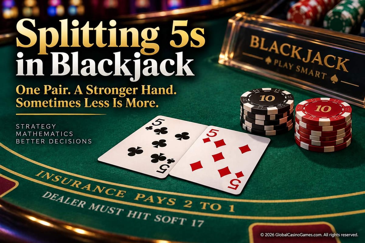Pair of 5s on a blackjack table with betting chips.
