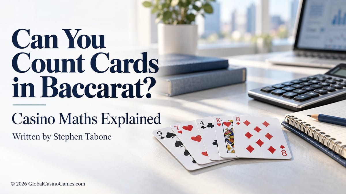 Baccarat card-counting article cover with playing cards and a calculator.