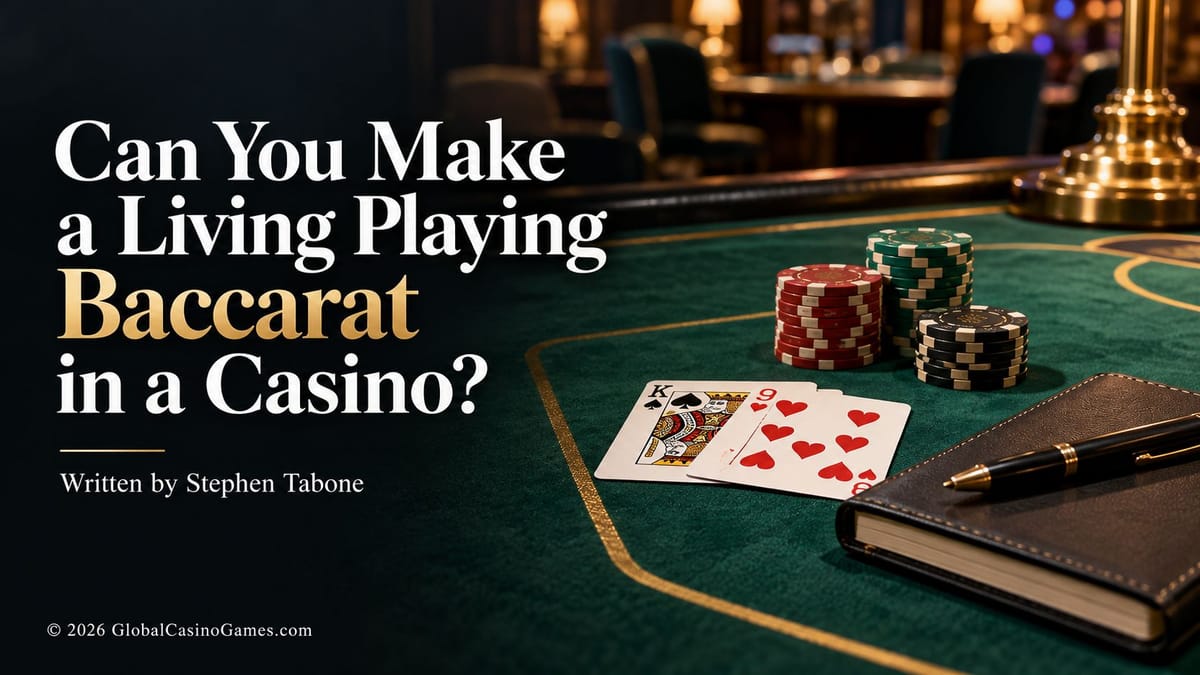 Baccarat article cover with casino chips and playing cards.