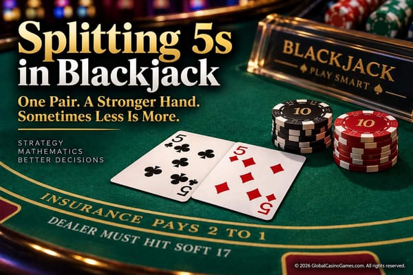 Pair of 5s on a blackjack table with betting chips.