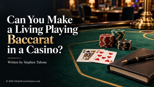 Baccarat article cover with casino chips and playing cards.