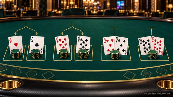 Casino blackjack pair-splitting guide showing Aces through 10s.